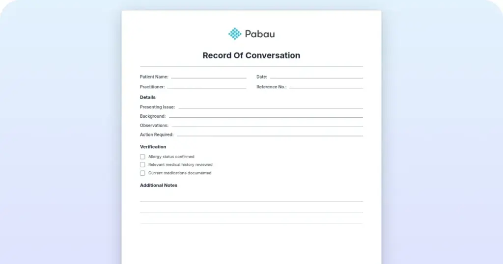 Record of conversation template: For healthcare professionals preview from Pabau