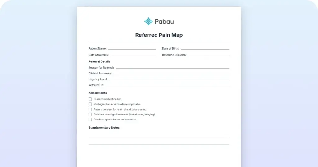Referred pain map: Clinical reference chart preview from Pabau