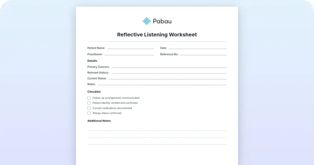 Reflective listening worksheet preview from Pabau