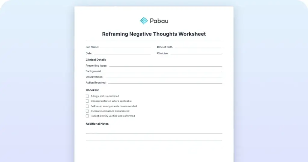 Reframing negative thoughts worksheet preview from Pabau