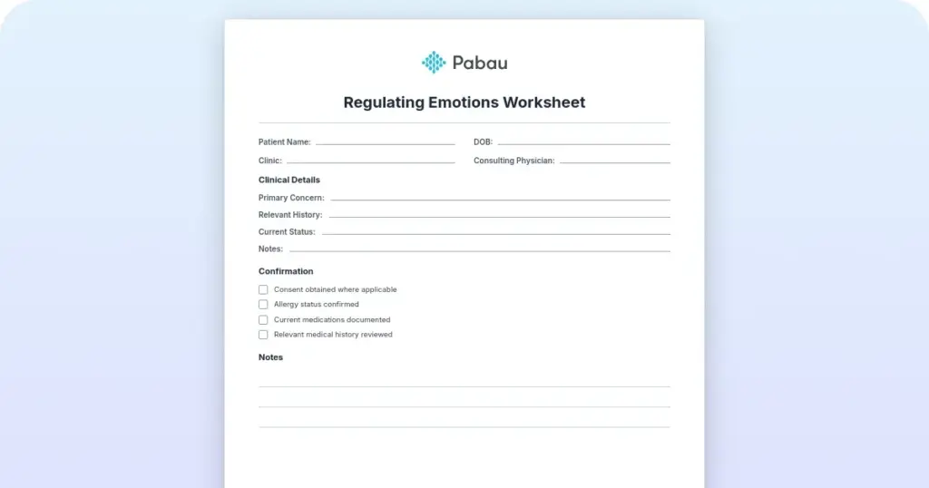 Regulating emotions worksheet preview from Pabau