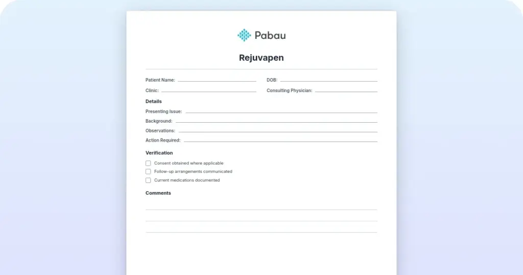 Rejuvapen consent form: Free template and treatment record preview from Pabau