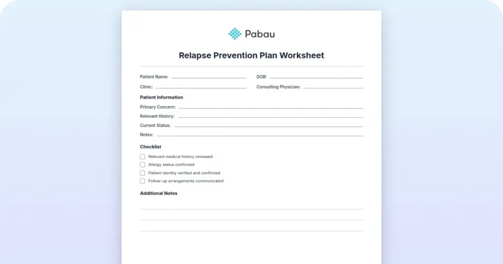 Relapse Prevention Plan Worksheet preview from Pabau