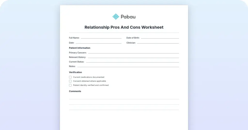 Relationship pros and cons worksheet and guide preview from Pabau