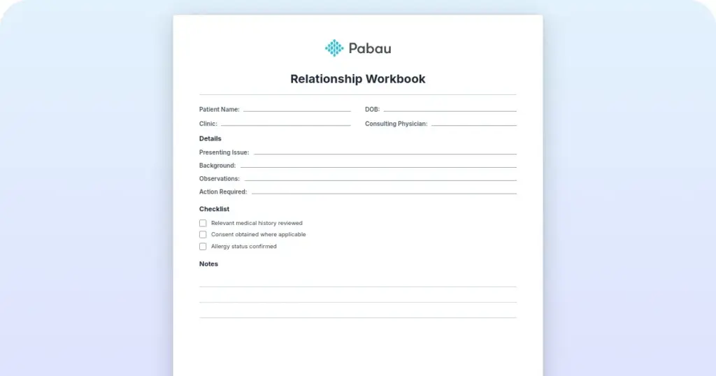 Relationship workbook preview from Pabau