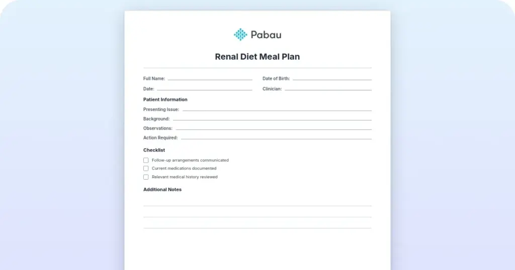 Renal diet meal plan preview from Pabau