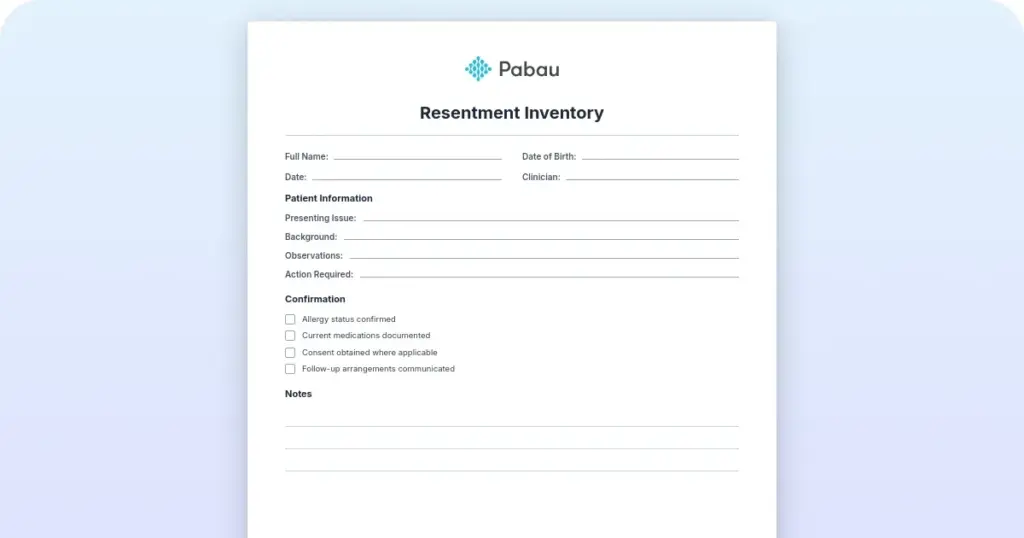 Downloadable resentment inventory worksheet template