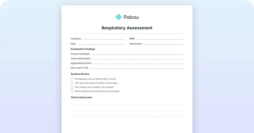 Respiratory assessment preview from Pabau