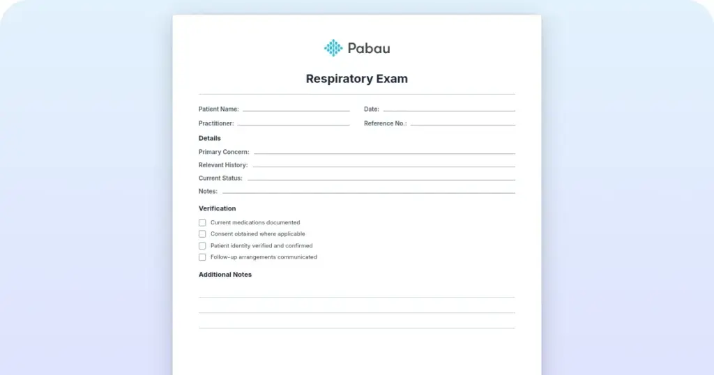 Respiratory exam template: IPPA steps and documentation preview from Pabau