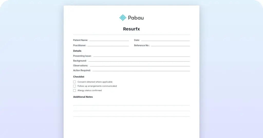 ResurFX laser treatment: Clinical guide and documentation templates preview from Pabau