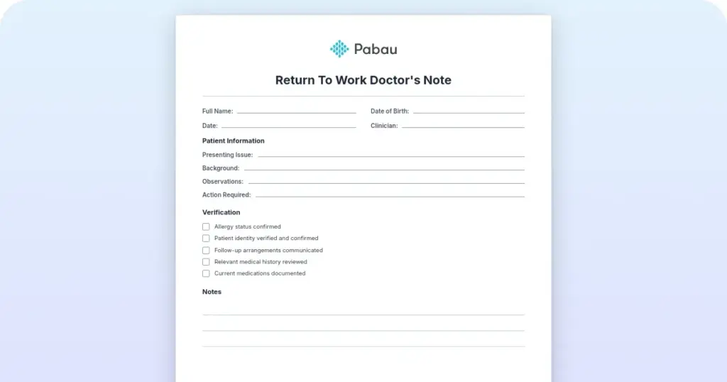 Return to Work Doctor's Note preview from Pabau