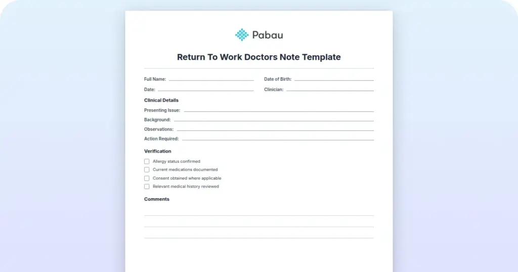 Return To Work Doctors Note Template preview from Pabau