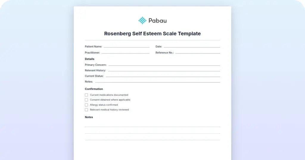 Rosenberg Self Esteem Scale Template preview from Pabau