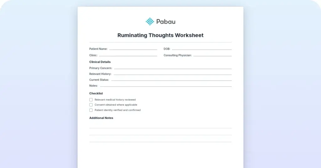 Ruminating thoughts worksheet: What it is + free template preview from Pabau