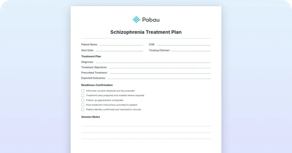 Schizophrenia treatment plan preview from Pabau