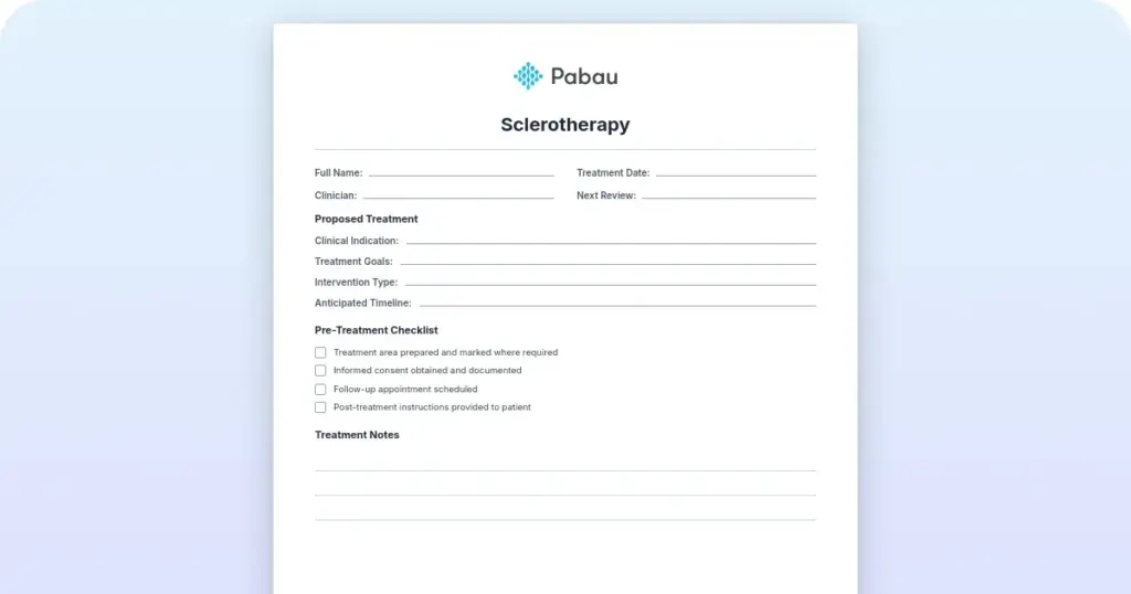 Sclerotherapy consent form template preview from Pabau