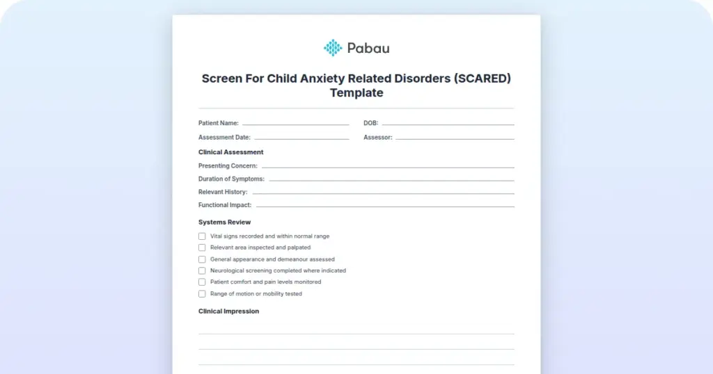 Screen For Child Anxiety Related Disorders (SCARED) Template preview from Pabau