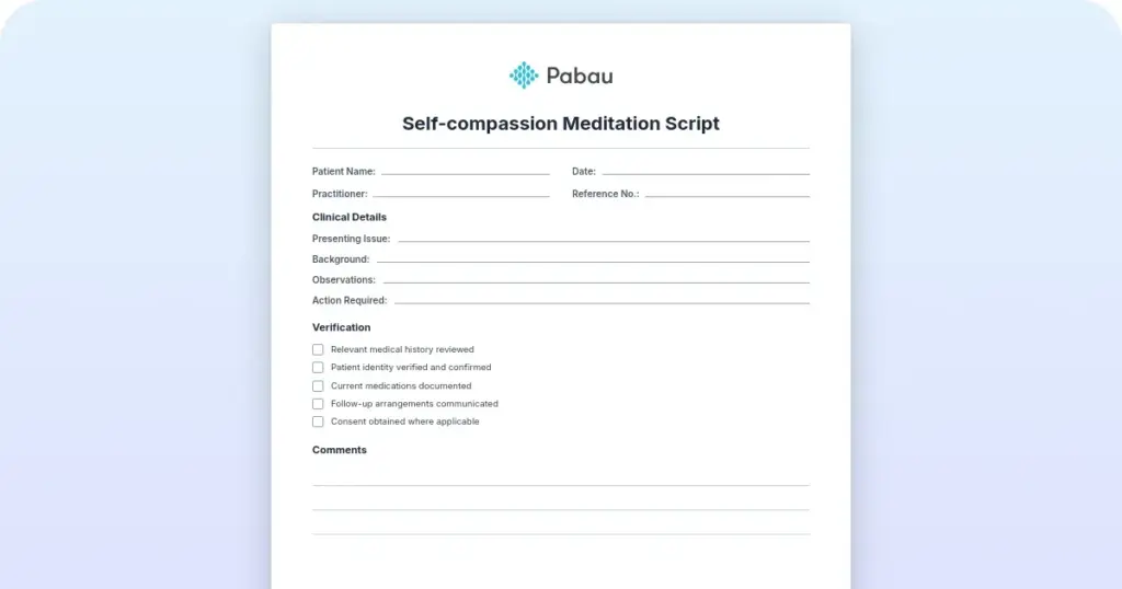 Self-compassion meditation script: 3 versions for therapists preview from Pabau