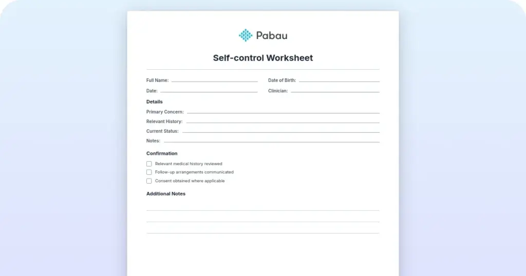 Self-control worksheet preview from Pabau