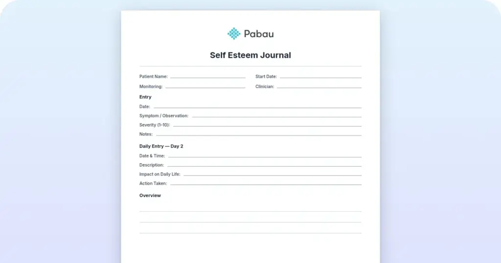Free self-esteem journal template for therapists and clients preview from Pabau