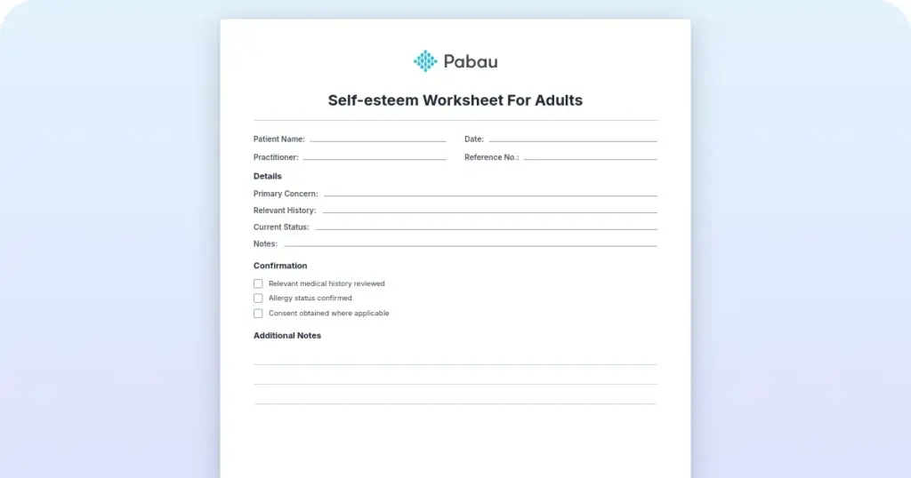 Self-esteem worksheet for adults preview from Pabau
