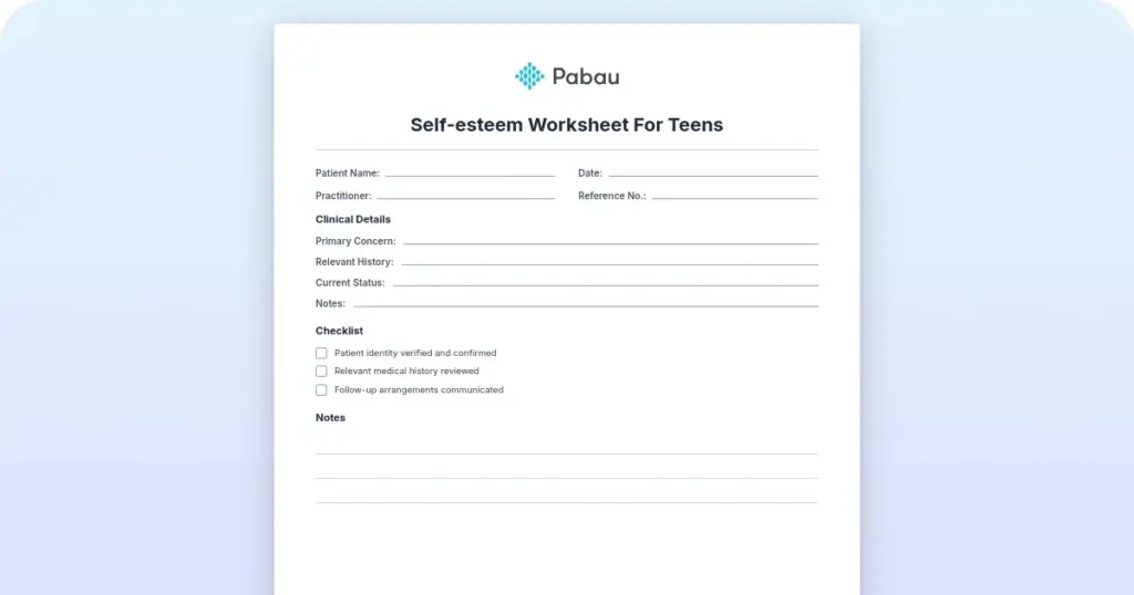 Self-esteem worksheet for teens preview from Pabau