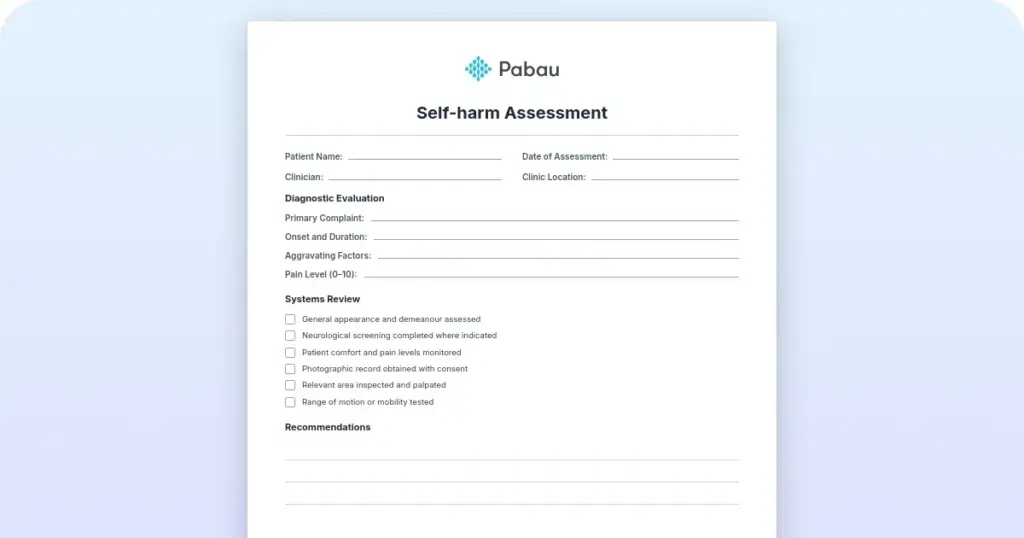 Self-harm assessment template: Free PDF and guide preview from Pabau