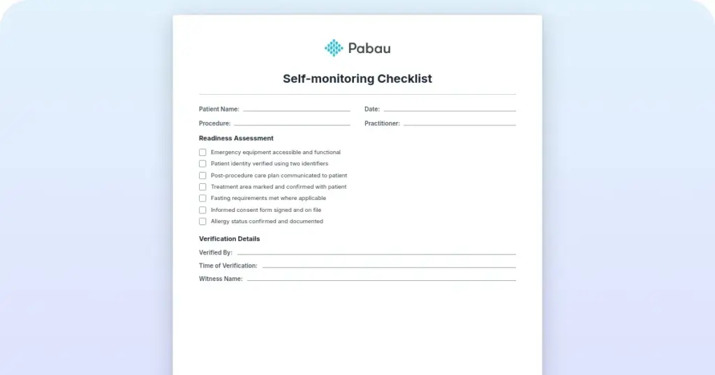 Self-monitoring checklist: Free PDF + check-in intervals preview from Pabau