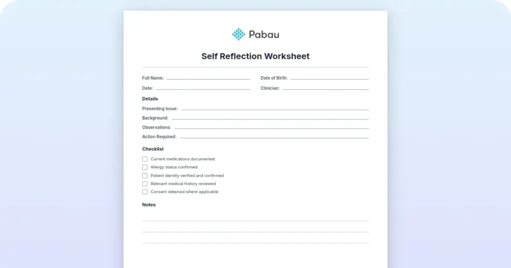 Self reflection worksheet preview from Pabau