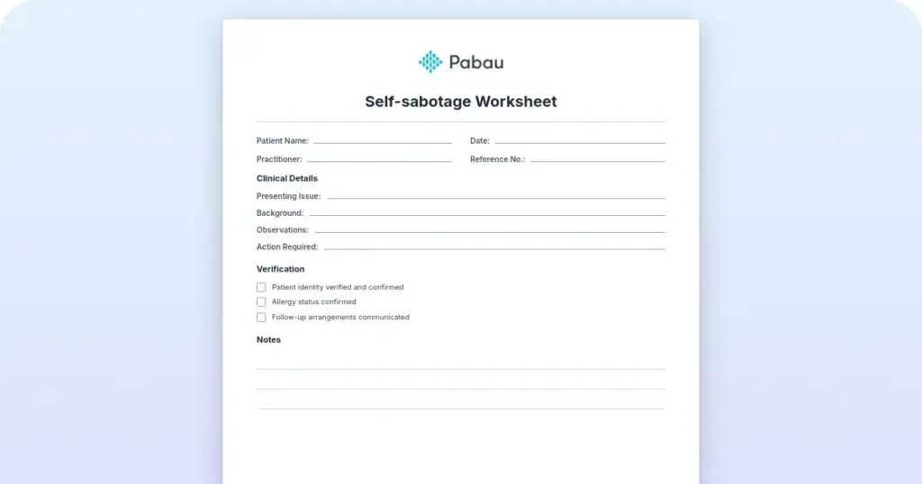 Self-sabotage worksheet: How to use the 8 sections preview from Pabau
