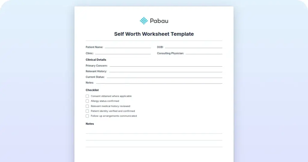 Self Worth Worksheet Template preview from Pabau