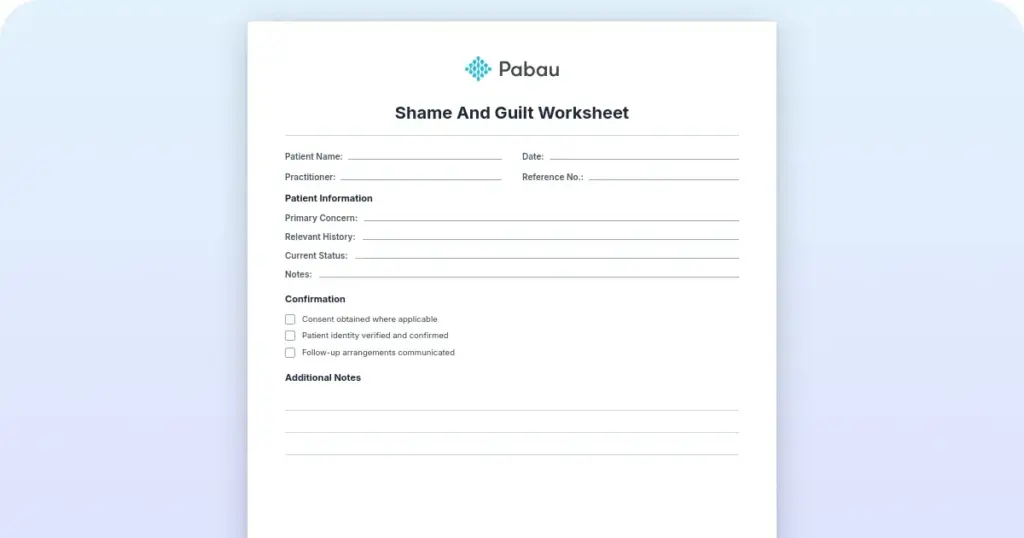 Shame and guilt worksheet: Free download for therapists preview from Pabau