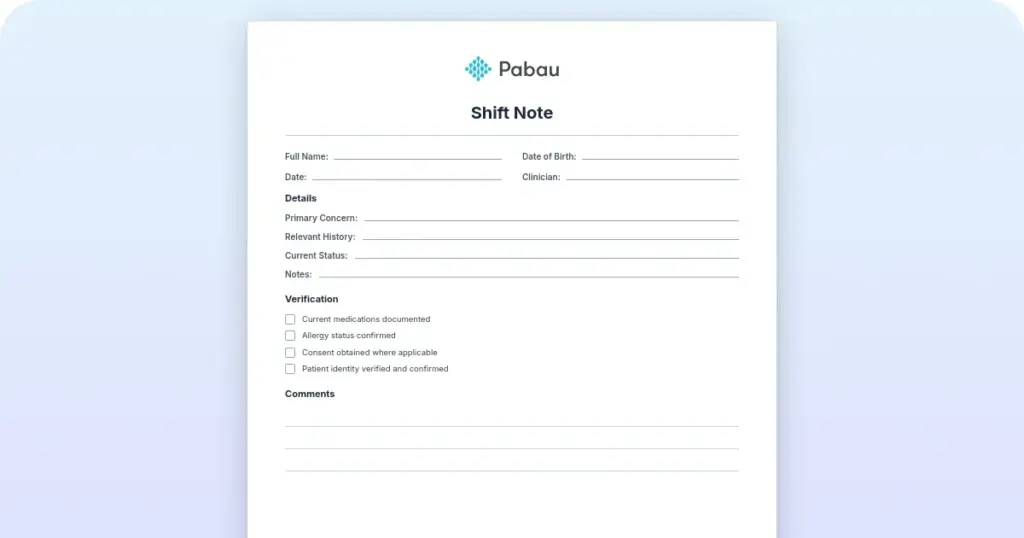 Shift Note Template preview from Pabau
