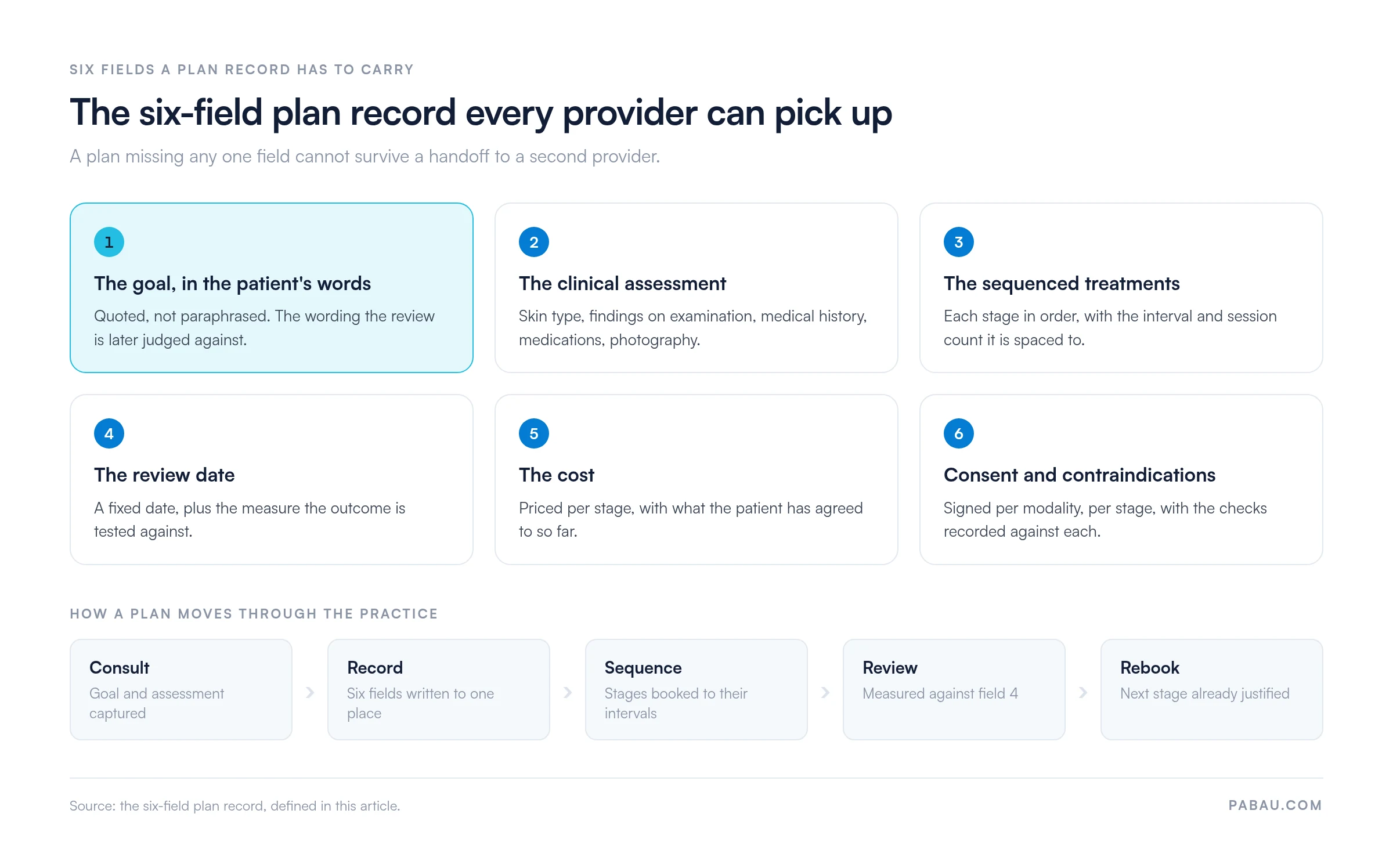 Diagram of the six-field plan record: the goal in the patient's words, the clinical assessment, the sequenced treatments, the review date, the cost, and consent and contraindications, with a flow from consult to record to sequence to review to rebook