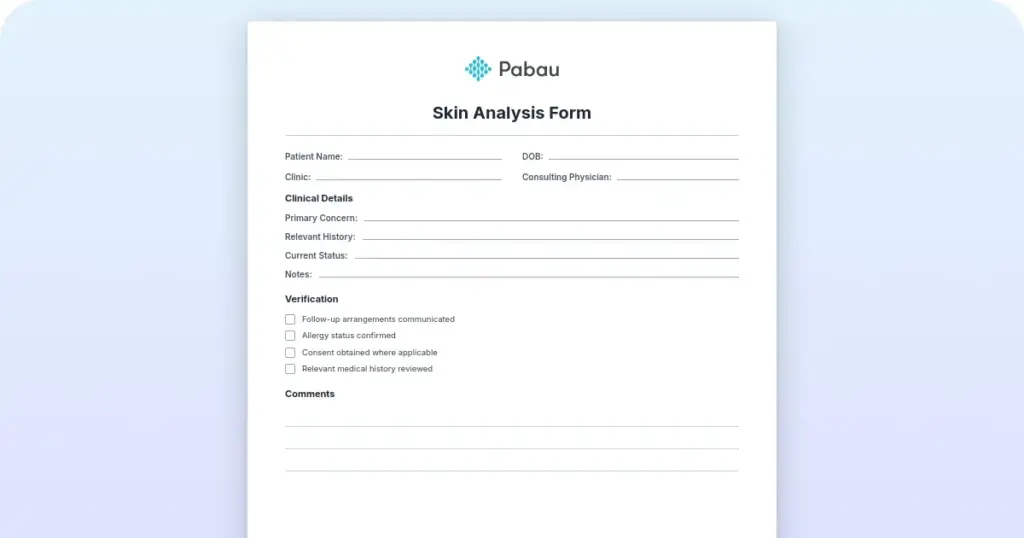 Skin analysis form template for estheticians preview from Pabau