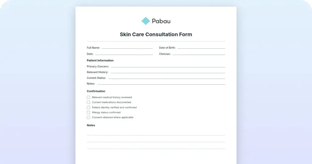 Skin care consultation form preview from Pabau