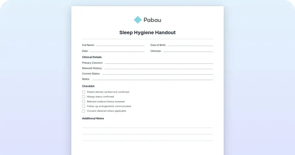 Sleep Hygiene Handout preview from Pabau