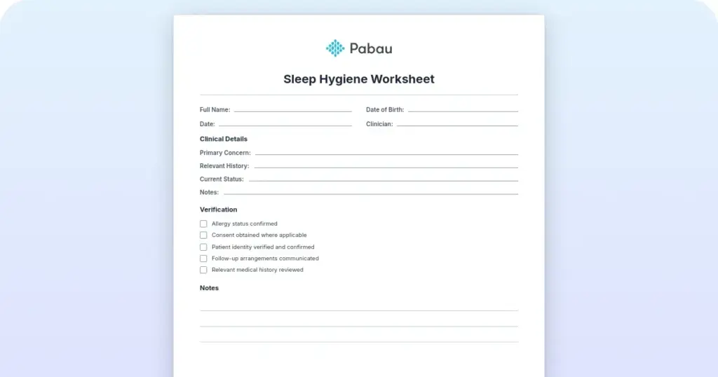 Sleep hygiene worksheet: Free PDF for therapists preview from Pabau