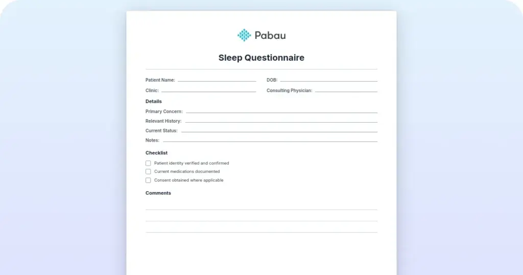 Sleep questionnaire template: Free downloadable PDF preview from Pabau