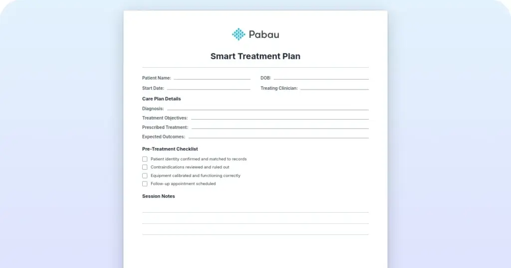 SMART treatment plan template with goal and objective examples preview from Pabau