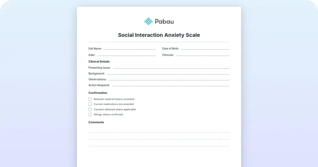 Social Interaction Anxiety Scale (SIAS): 20 items and scoring preview from Pabau
