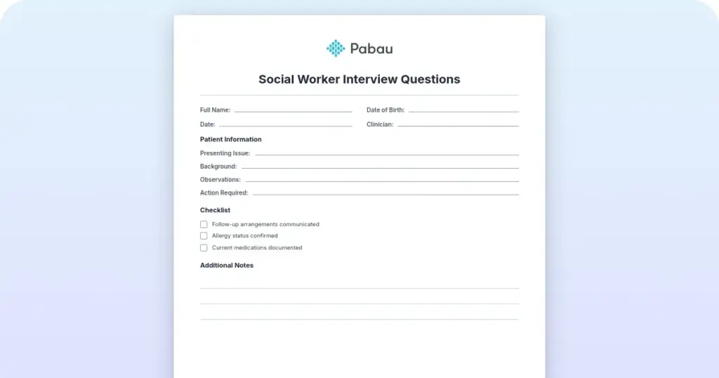 Social Worker Interview Questions preview from Pabau