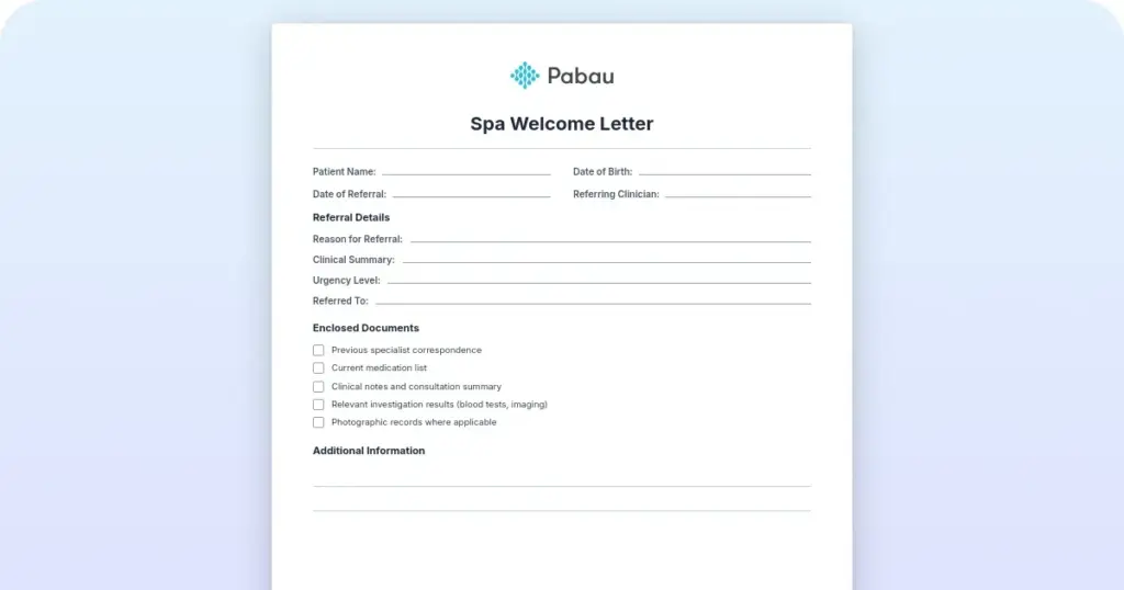 Spa welcome letter: Free Template preview from Pabau