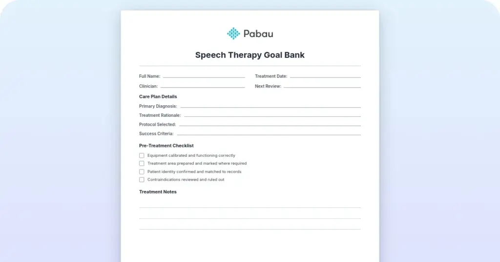 Speech therapy goal bank preview from Pabau