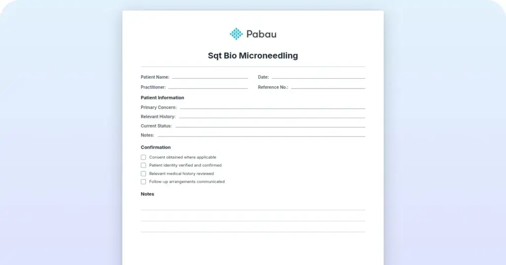 SQT bio microneedling templates: Consent, intake, and aftercare preview from Pabau