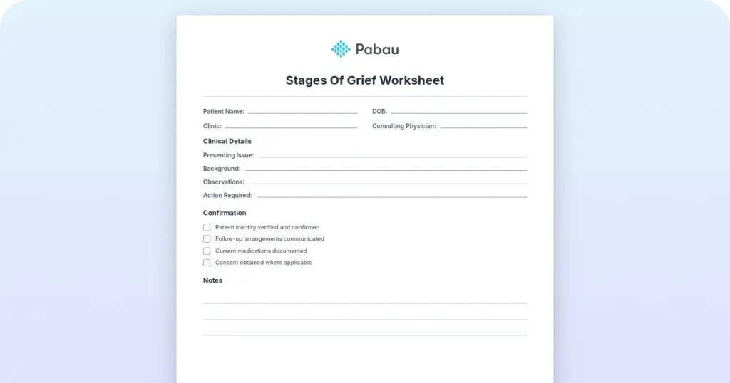 Stages of Grief Worksheet: A Clinician Guide preview from Pabau