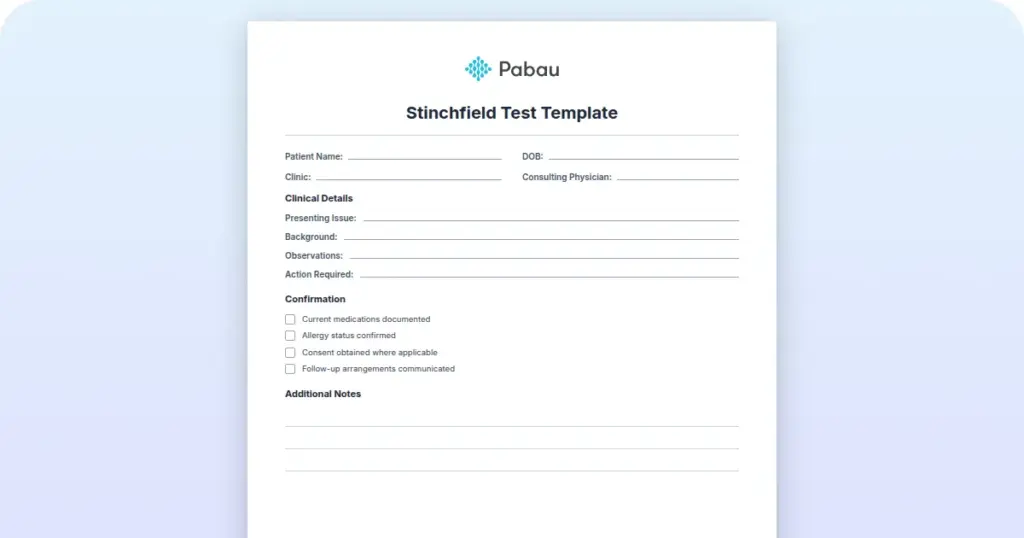 Stinchfield Test Template preview from Pabau