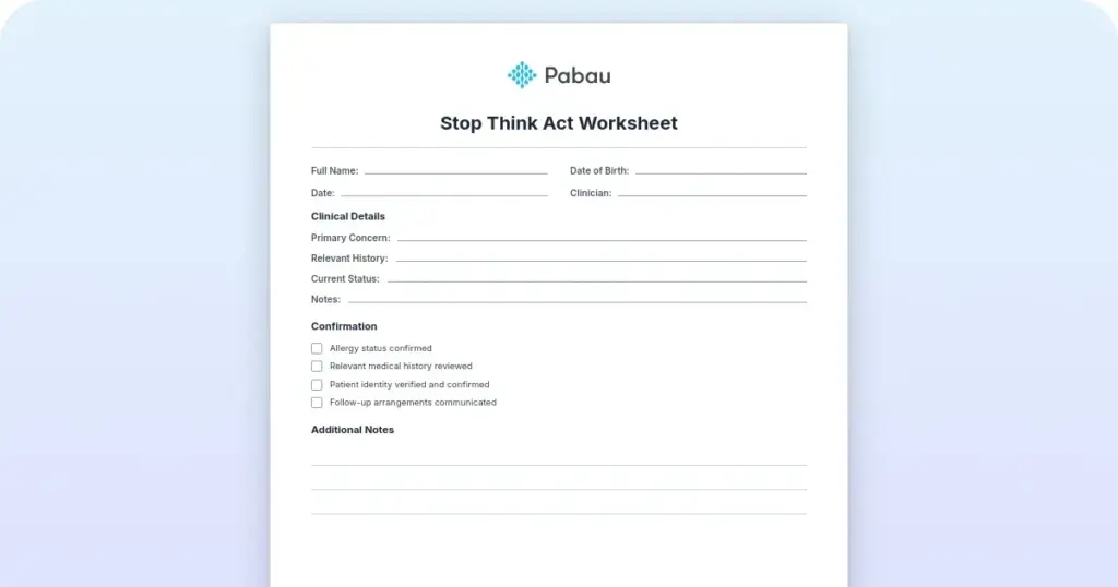 Stop Think Act worksheet: Free clinical template for therapists preview from Pabau