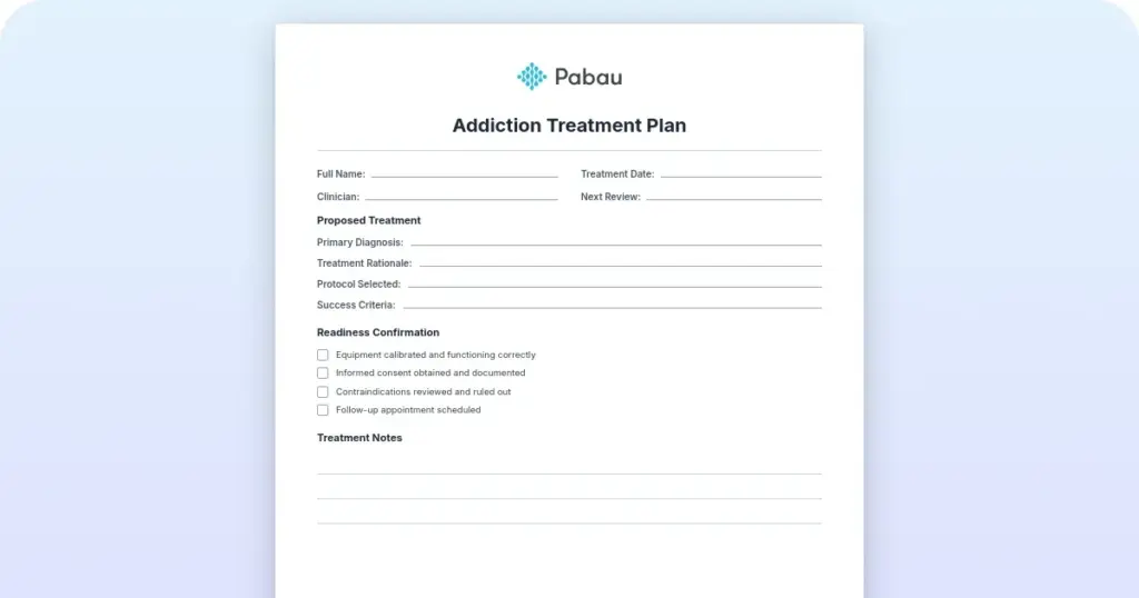 Substance abuse treatment plan template and examples preview from Pabau