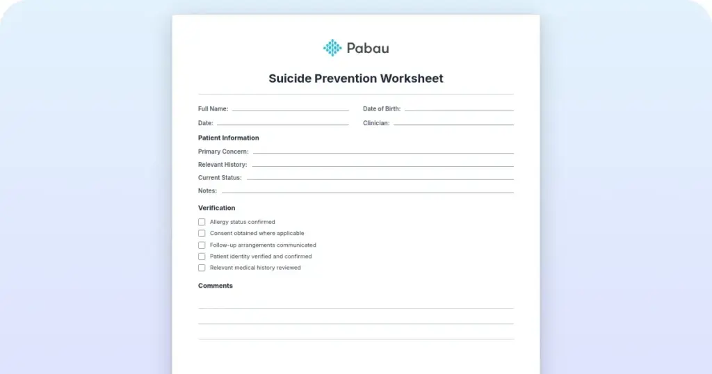 Suicide prevention worksheet for clinical safety planning preview from Pabau
